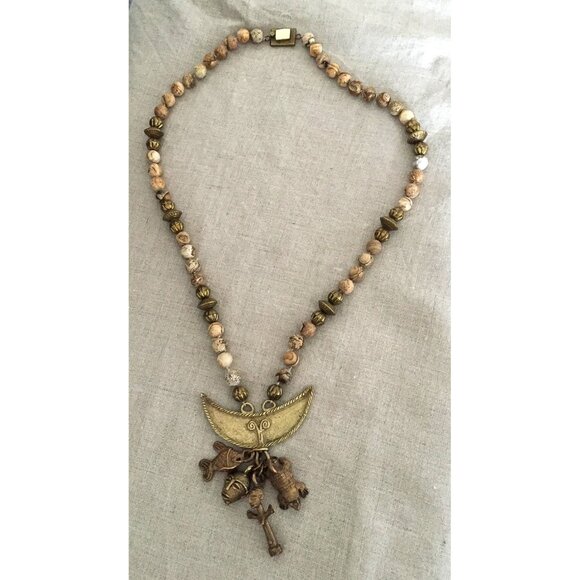 Vintage Jasper Beaded Necklace with Brass Charms - Picture 3 of 7